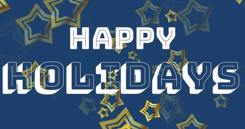 Happy Holidays Text with Golden Stars on Blue Background