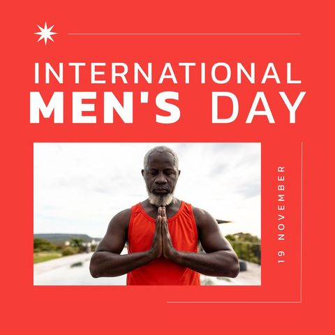 International men's day poster with senior man meditating