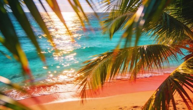 Palm fronds framing sunlit turquoise beach, casting dappled shade and golden sea reflections