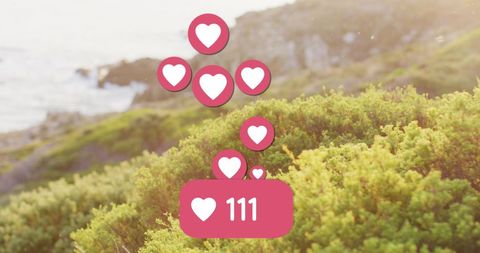 Social Media Hearts Floating Over Scenic Shoreline