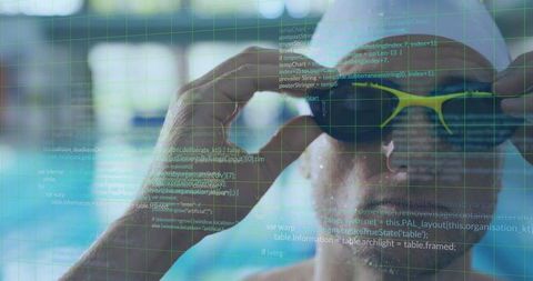 Swimmer adjusting goggles with digital code overlay