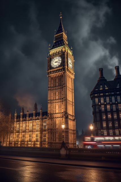 Big ben tower in london at night, created using generative ai technology. London landmark, great britain and historic building concept digitally generated image.