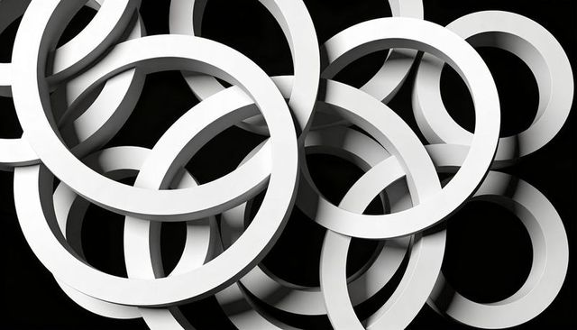 Interlocking white rings forming layered shadows and depth monochrome geometric abstract
