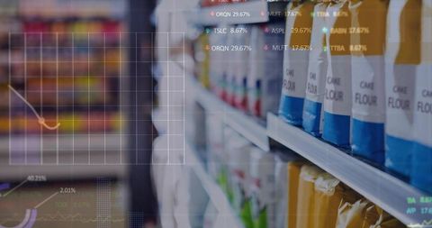 Displaying Cake Flour on Supermarket Shelf with Sales Data Overlay for Retail Analytics