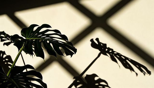 Monstera leaves casting geometric shadows on frosted window with cross mullions