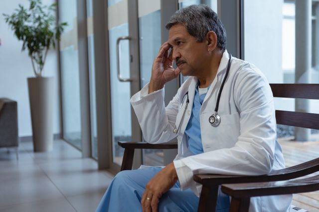 Side view of tensed mature male doctor with hand on head sitting on chair in lobby at hospital