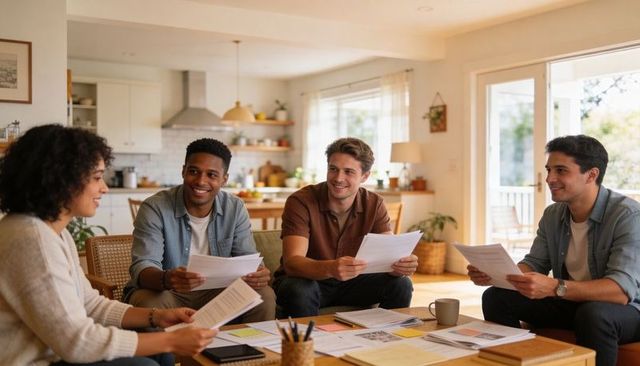 Young professionals discussing documents and planning around cozy living room table