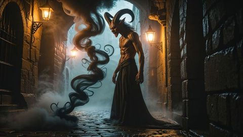 Horned Demon in Foggy Dungeon with Smoke Illusions