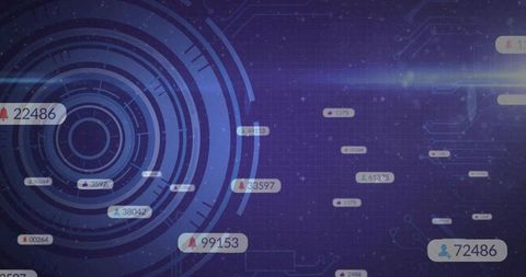 Displaying Futuristic HUD Rings with Floating Data Bubbles and Circuit Traces Neon Glow