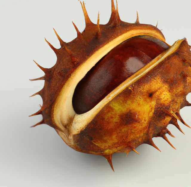 Close-up of a horse chestnut emerging from its spiked outer shell. The brown and glossy seed contrasts with the textured shell, highlighting the intricate details and natural beauty of the plant. Ideal for nature articles, educational content, autumn-themed designs, and botanical studies.