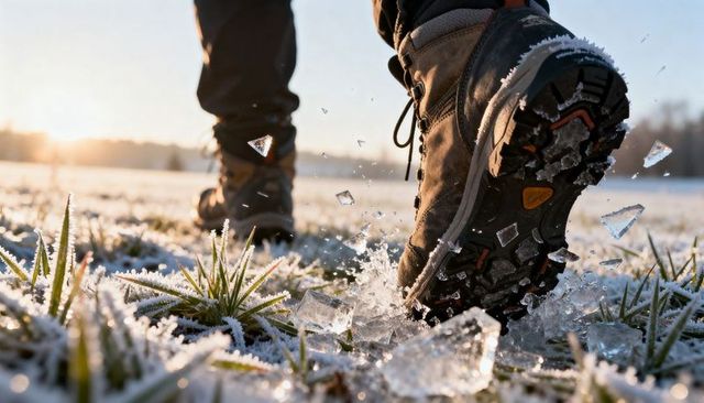 Hiker boots shattering frost and ice on sunlit winter grass, close-up action