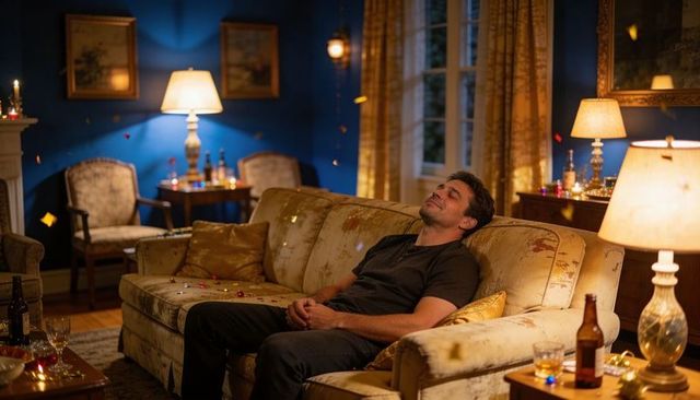 Relaxing man on vintage beige sofa after party in cozy evening living room with confetti