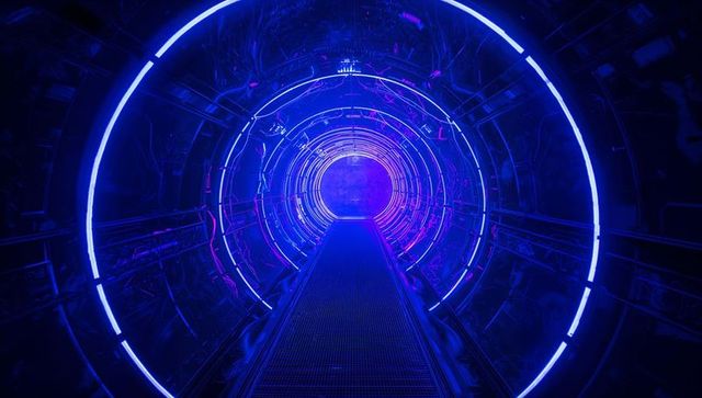 Futuristic cyberpunk corridor with neon ring lights