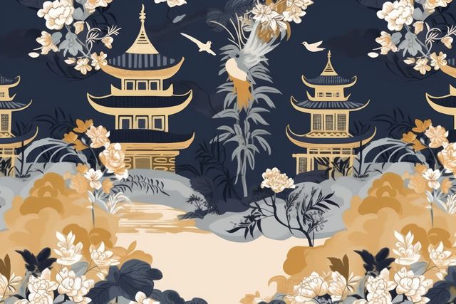 An intricate vector illustration features traditional Asian pagodas surrounded by an ornate floral landscape with bright flowers and birds. This design can be used for wallpaper patterns, fabric prints, home décor, or as artistic backgrounds on websites and advertisements.