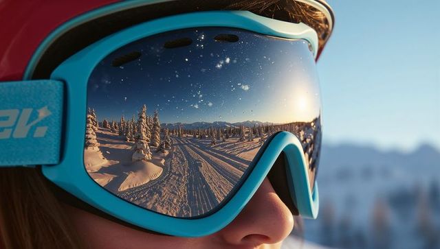 Snowy landscape reflection in ski goggles at mountain resort