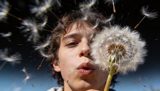 Teen boy blowing dandelion seeds close-up portrait outdoors feeling of freedom