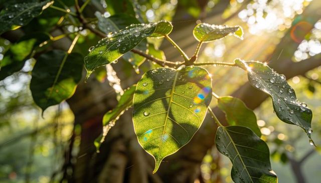 Sunlit dew on heart-shaped leaf reflecting golden morning rays and prism flares