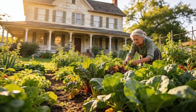 Senior woman harvesting organic greens in sunlit farmhouse garden at sunset