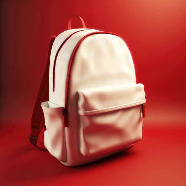 Close up of white and red school bag on red background, created using generative ai technology. School, education and learning concept digitally generated image.