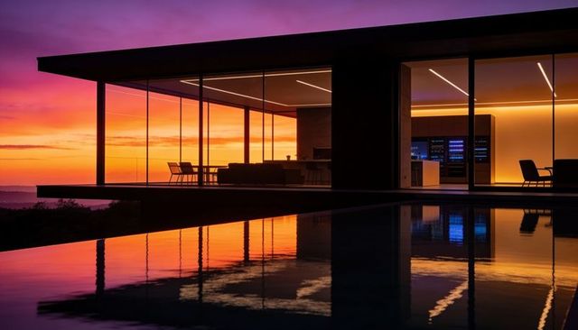 Modern glass cliffside house at sunset with infinity pool reflecting ocean horizon