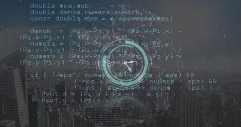Digital Clock Overlay and Code with Cityscape Network Connection - Download Free Stock Images Pikwizard.com