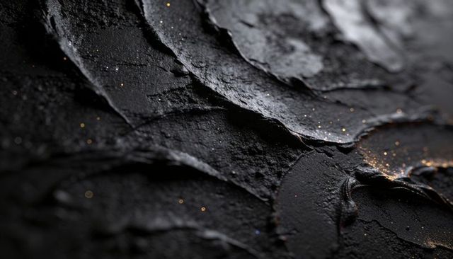 Macro black paste revealing knife ridges with metallic gold and copper flecks, luxe texture