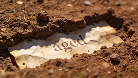 Weathered lined paper showing aged text half-buried in sunlit garden soil with pebbles