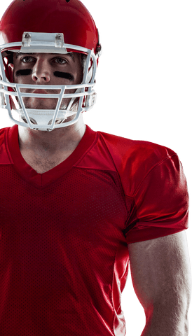 American Football Player in Transparent Jersey and Red Helmet Looking Forward