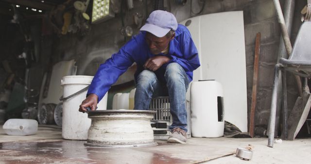 Man repairing car wheel in workshop, focused and working diligently - Download Free Stock Images Pikwizard.com