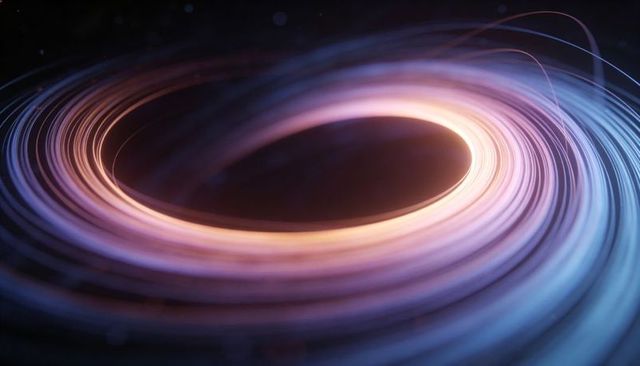 Rotating luminous rings circling dark core, abstract cosmic vortex with neon trails