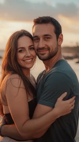 Vertical video: Embracing young couple at waterfront dusk capturing golden hour romance