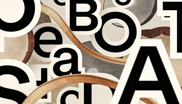 Layering typographic collage featuring bold black letters, wooden hoops, sunburst textures