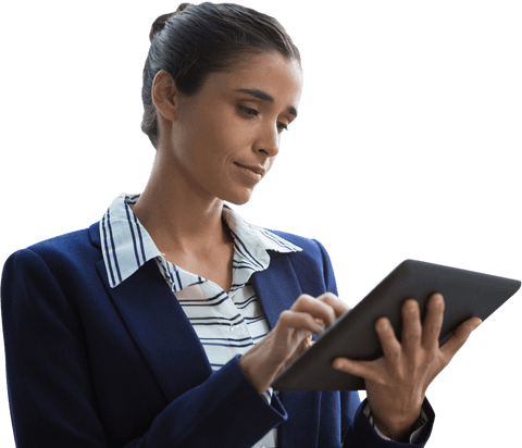 Businesswoman Navigating Digital Tablet on Transparent Background