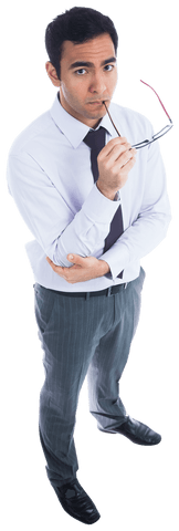 Concerned businessman holding glasses on transparent background