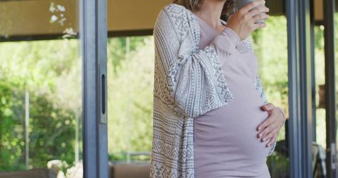 Pregnant Woman Relaxing at Home Holding Mug