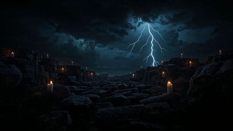 Lightning Strikes Canyon with Lit Candles Under Dark Sky