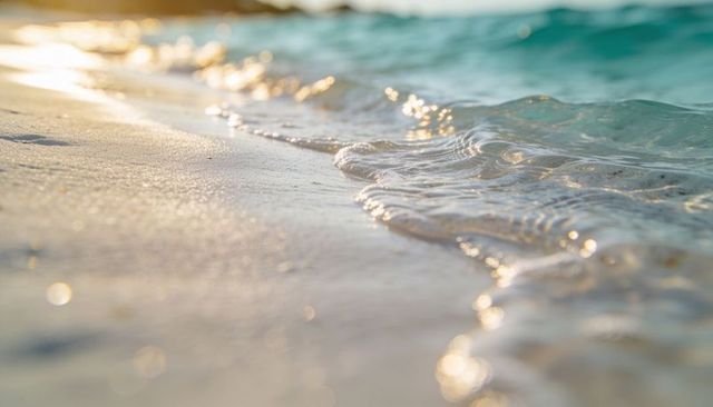 Sunlit turquoise shoreline with gently lapping foamy wave and golden bokeh reflections