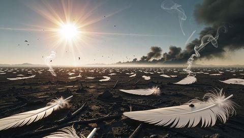 Symbolic large white feather over cracked earth in desolate hell