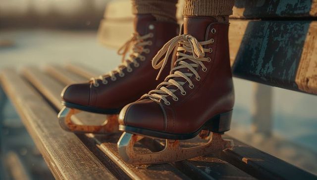 Vintage ice skates resting on rustic outdoor bench