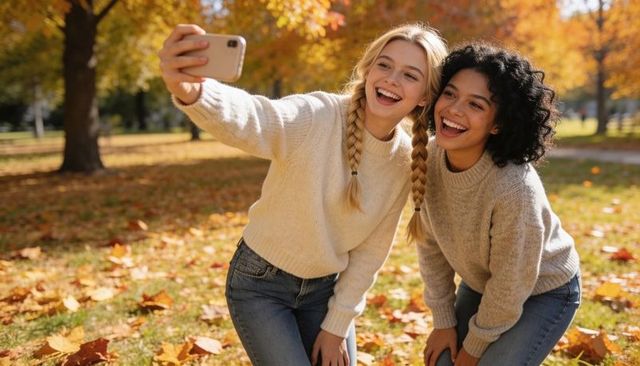 Two friends taking selfie in autumn park wearing knit sweaters and jeans