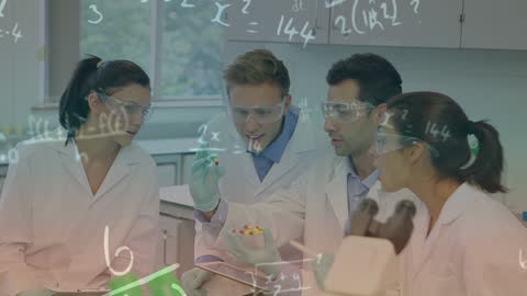 Diverse Scientists Analyzing Lab Results with Digital Overlay