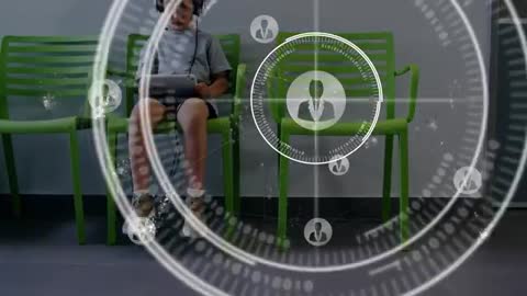 Young Boy Interacting with Futuristic Digital Interface in Waiting Room