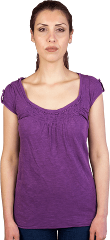 Confident Woman in Purple Top Displaying Determination on Transparent Background