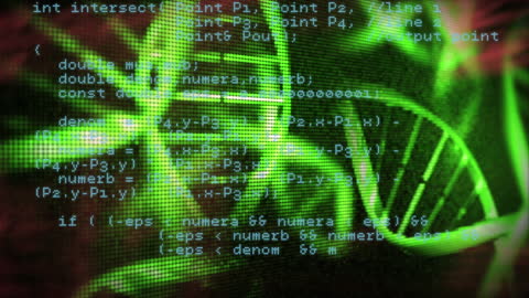 DNA Helix Overlay on Digital Code Art Image