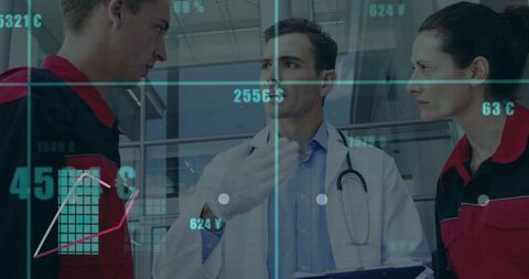 Doctor pointing and briefing emergency crew in atrium with data overlay and analytics