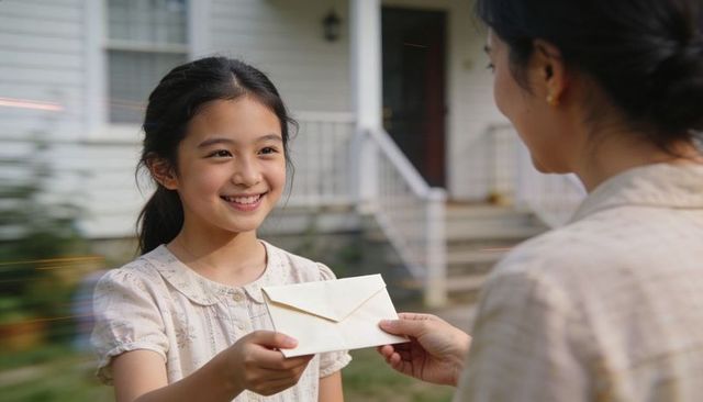 Preteen girl handing sealed envelope to parent on front porch smiling family connection