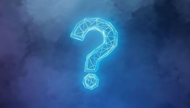 Neon wireframe question mark floating in blue nebula, polygonal glowing tech symbol