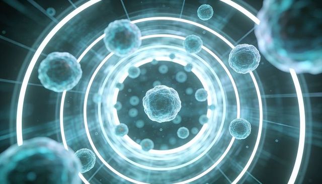 Futuristic neon-ringed nanocells moving through micro tunnel, medical nanotech concept