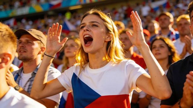 Young female fan cheering energetic crowd wearing czech flag t-shirt at sunny stadium