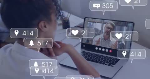 Woman Engaging in Online Call with Real-Time Social Media Metrics